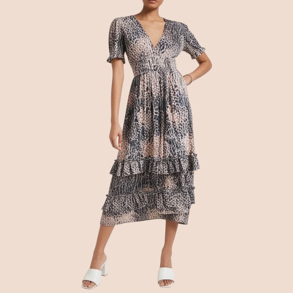 Hutch Women's Size M Adelia Brown Animal Print Ruffle Dress Tiered Flared Midi‎